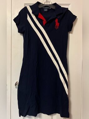 Polo by Ralph Lauren Navy Polo Dress with White Stripes and Red Pony